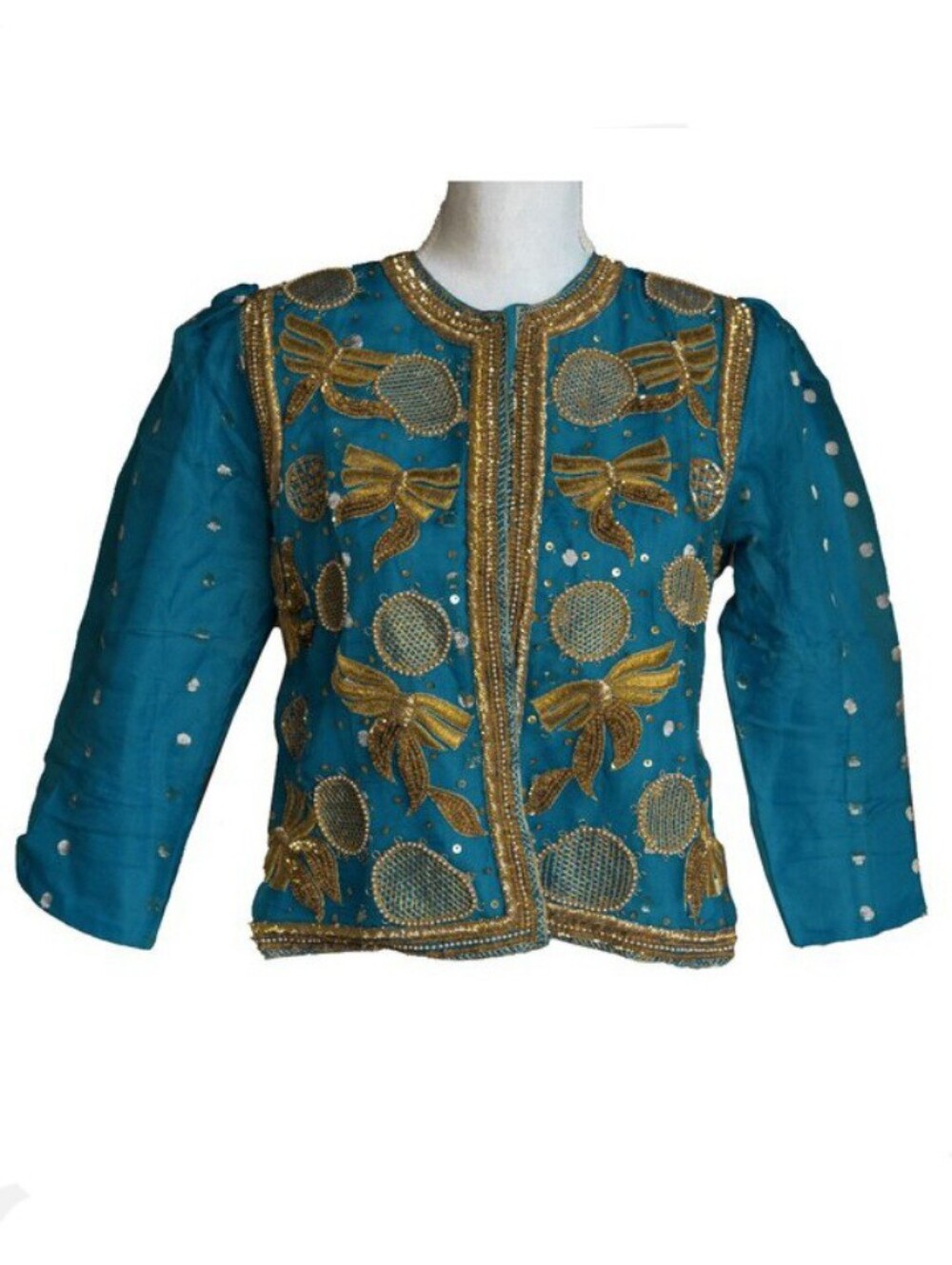 VPL Beaded Silk Jacket Electric Blue Gold Sequin Boho Hippie Embroidered Coat